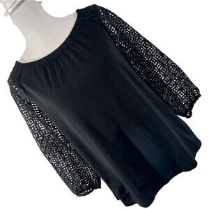 TALBOTS! RICH BLACK EMBROIDERED LACE SLEEVE, GATHERED NECK KNIT TOP! SZ S